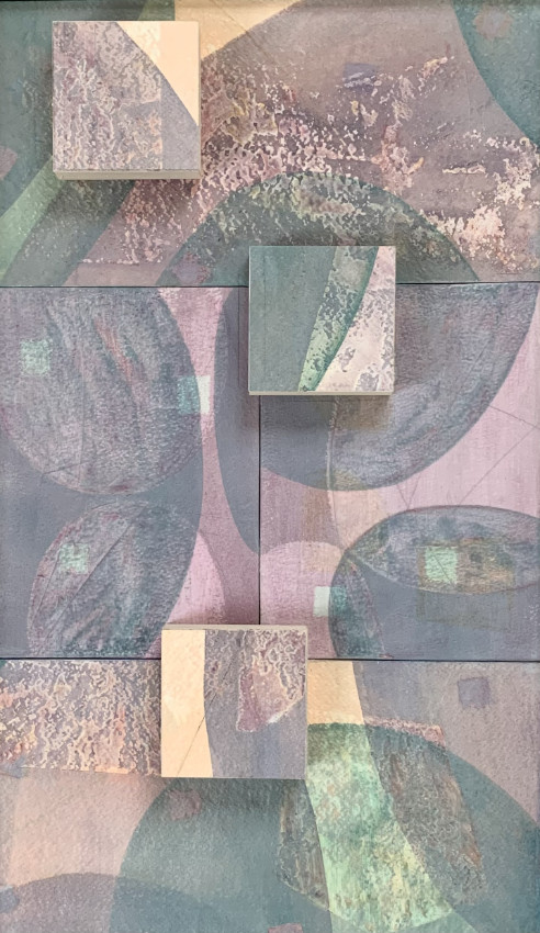 Whirling Orbits, 21x13 inches, combined media on wood, 2021