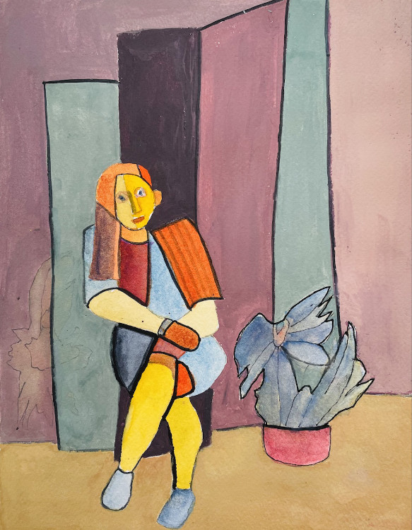 Sharon Krinsky, Woman with Plant, watercolor and gouache, 10x8 inches