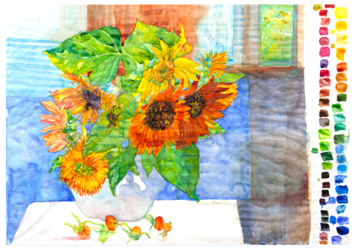 Sunflowers Rosehips and Swatches, 15 x 22 inches, watercolor on white silk, 2016