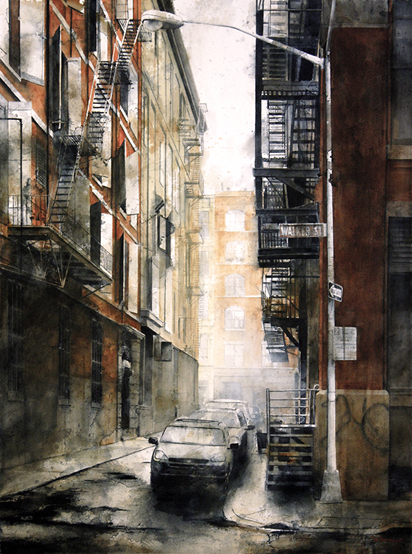 Tim Saternow, Walker and Cortlandt Alley, 30x22 inches, watercolor on paper,  2021,