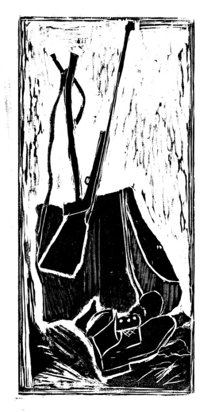 Backpack, boots & rifle, 11 5/8 x 19 1/2 inches, woodcut on mulberry paper, 2025