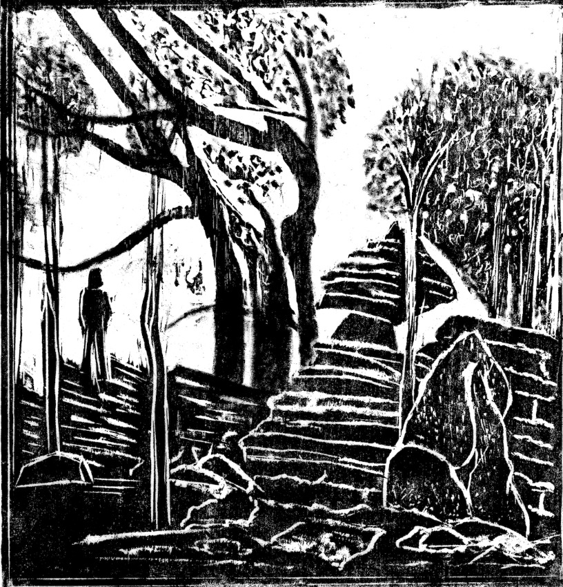 Departure, 13 x 13 inches, woodcut on mulberry paper, 2026