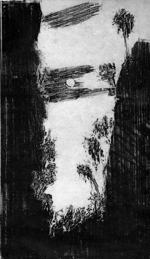 Moon over Gorge, 19.5 x 15 inches, woodcut on mulberry paper, 2026