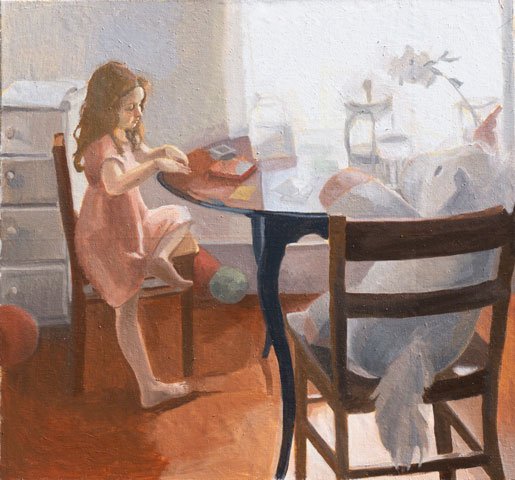 Card game with a unicorn, 28 x 30 inches, oil on linen, 2019