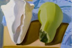 Shell and Bottle Gourd with Blue Towel, oil on panel, 10" x 11"